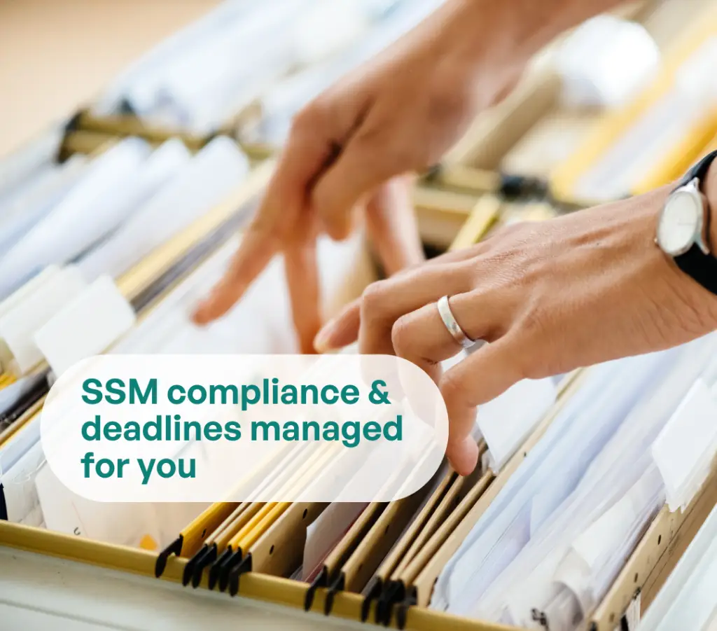 Hands sorting file folders; overlay text reads ‘SSM compliance & deadlines managed for you’.