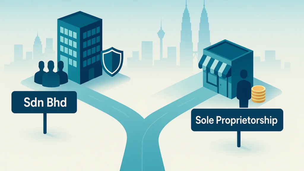 Isometric Y-road: left ‘Sdn Bhd’—office, shield, team; right ‘Sole Proprietorship’—shop, solo owner,