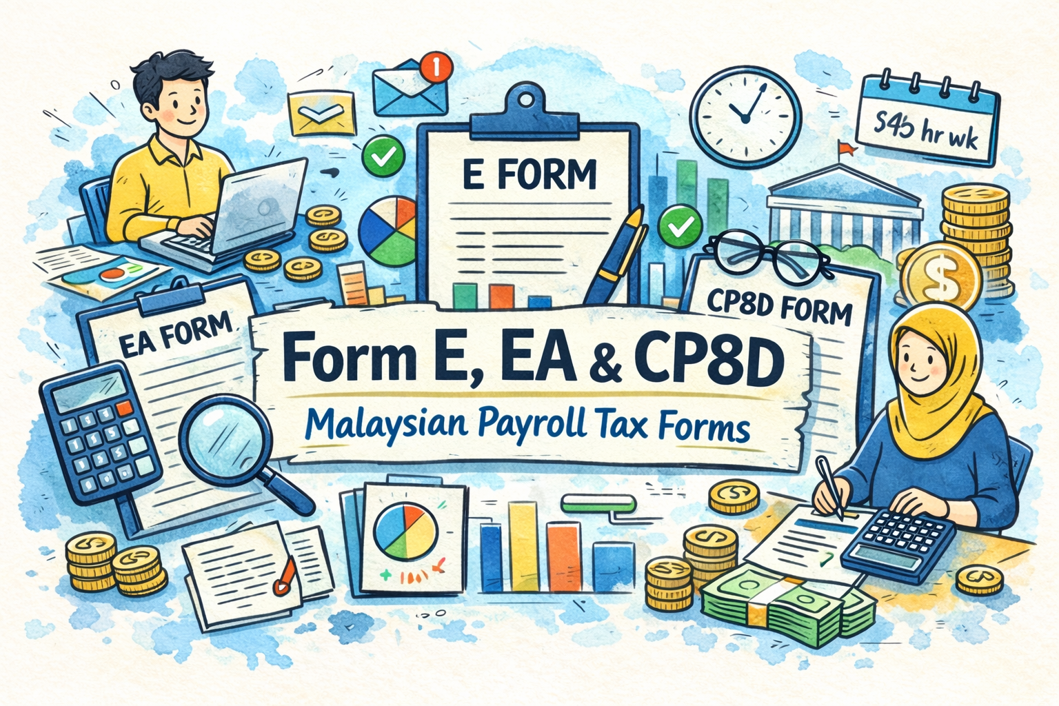 Illustration of Form E, EA and CP8D payroll tax forms in Malaysia with icons like a calendar, calculator, charts and coins.